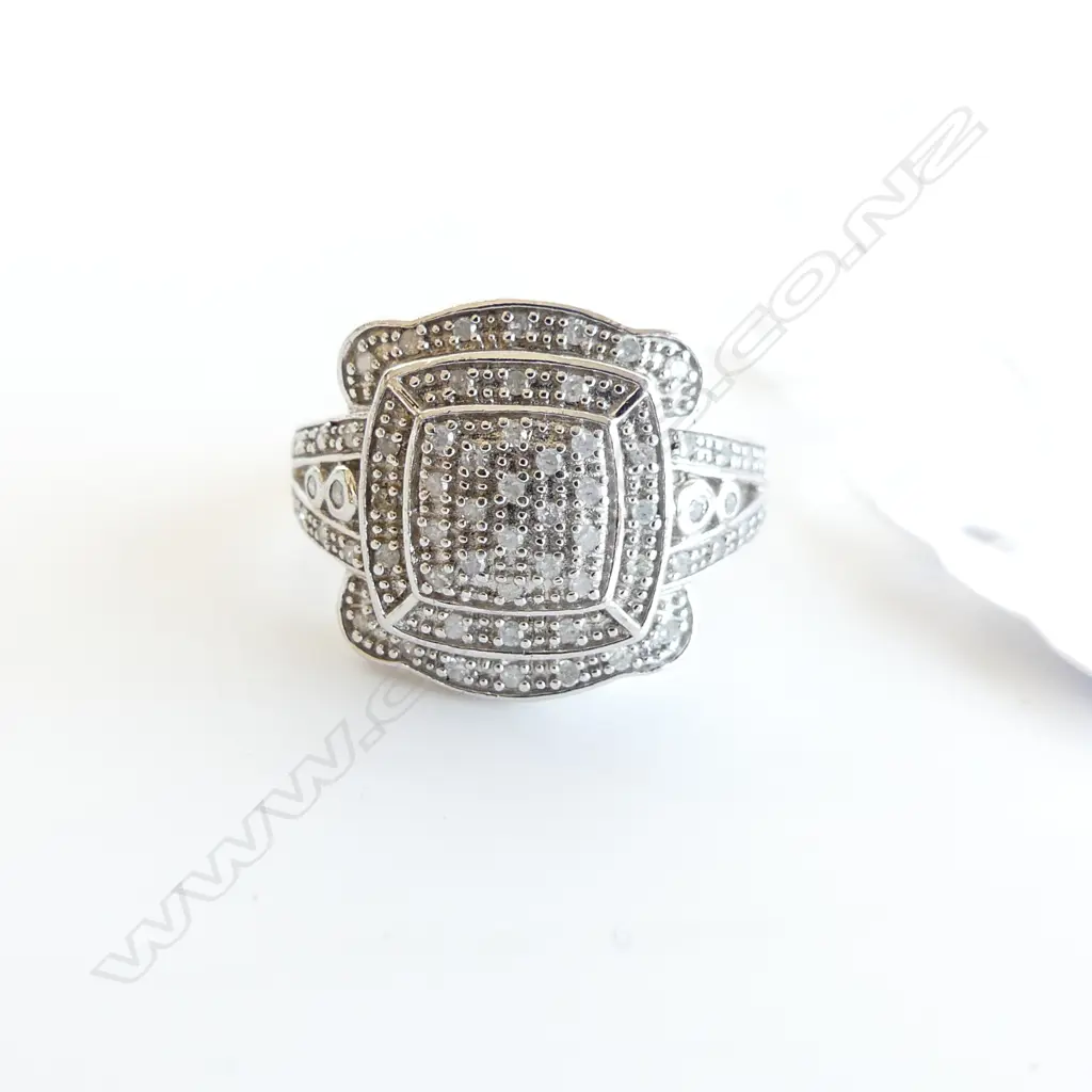 925 SILVER ART DECO STYLE CLUSTER RING WITH 64 DIAMONDS, SZ N. WITH APRAISAL Image 1++