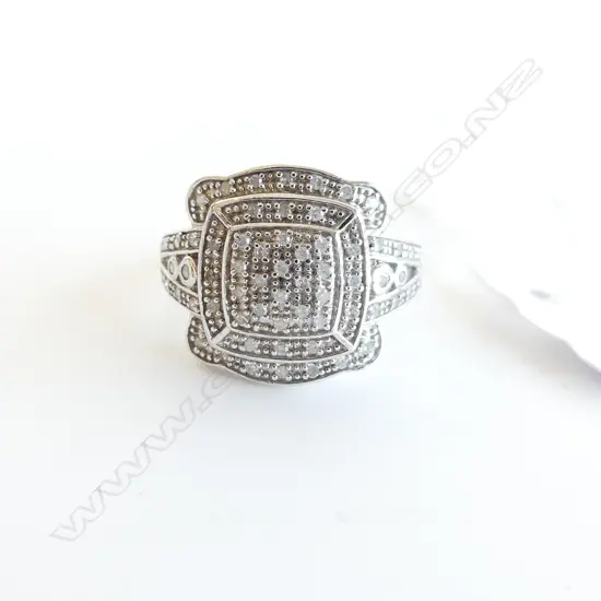 925 SILVER ART DECO STYLE CLUSTER RING WITH 64 DIAMONDS, SZ N. WITH APRAISAL