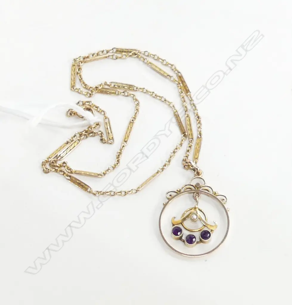 EDWARDIAN C1900 9CT GOLD & AMETHYST PENDANT NECKLACE 5.4gms Image 1++