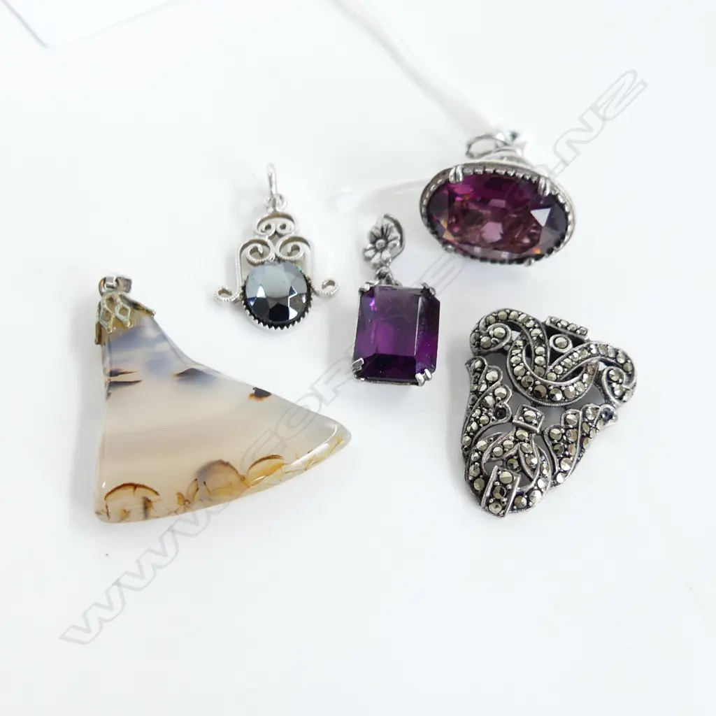 3 PENDANTS, MARCASITE PENDANT / CLIP & SILVER FOB SET w. AMETHYST? Image 1++