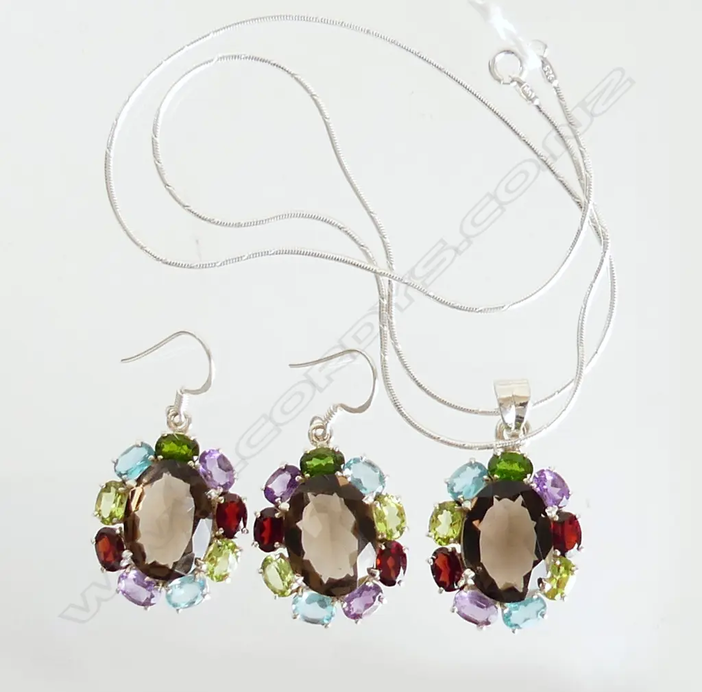 3 PC SET - GEMSTONES & 925 SILVER SET PENDANT & CHAIN WITH PR DROP EARRINGS  Image 1++