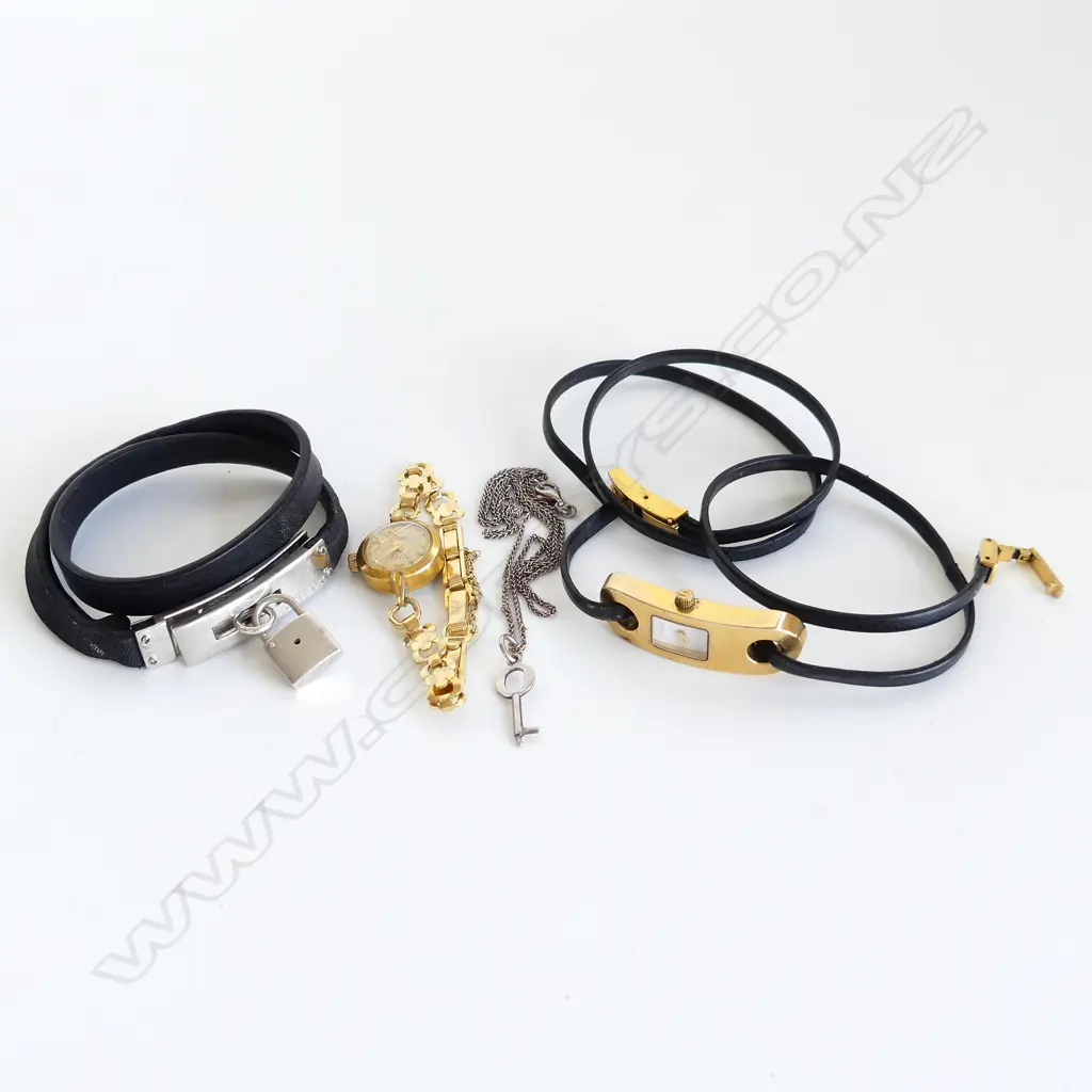 2 LADIES WRIST WATCHES; GUCCI & OTHER + OROTON LEATHER BRACELET w. LOCK & KEY Image 1++