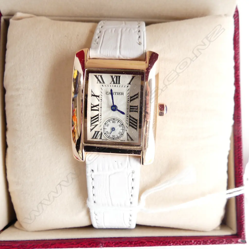 FAUX CARTIER DESIGNER WATCH, WHITE LEATHER STRAP, IN BOX Image 1++