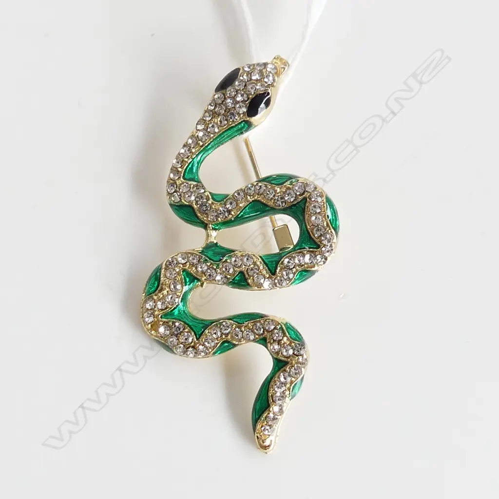 ENAMEL & FAUX DIAMOND GOLD GILT SNAKE BROOCH Image 1++