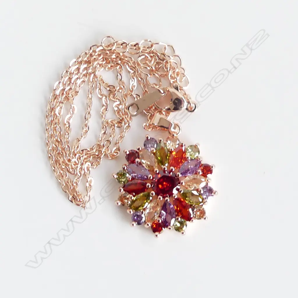 ROSE GOLD PLATED FAUX MULTI GEM SET PENDANT & CHAIN Image 1++