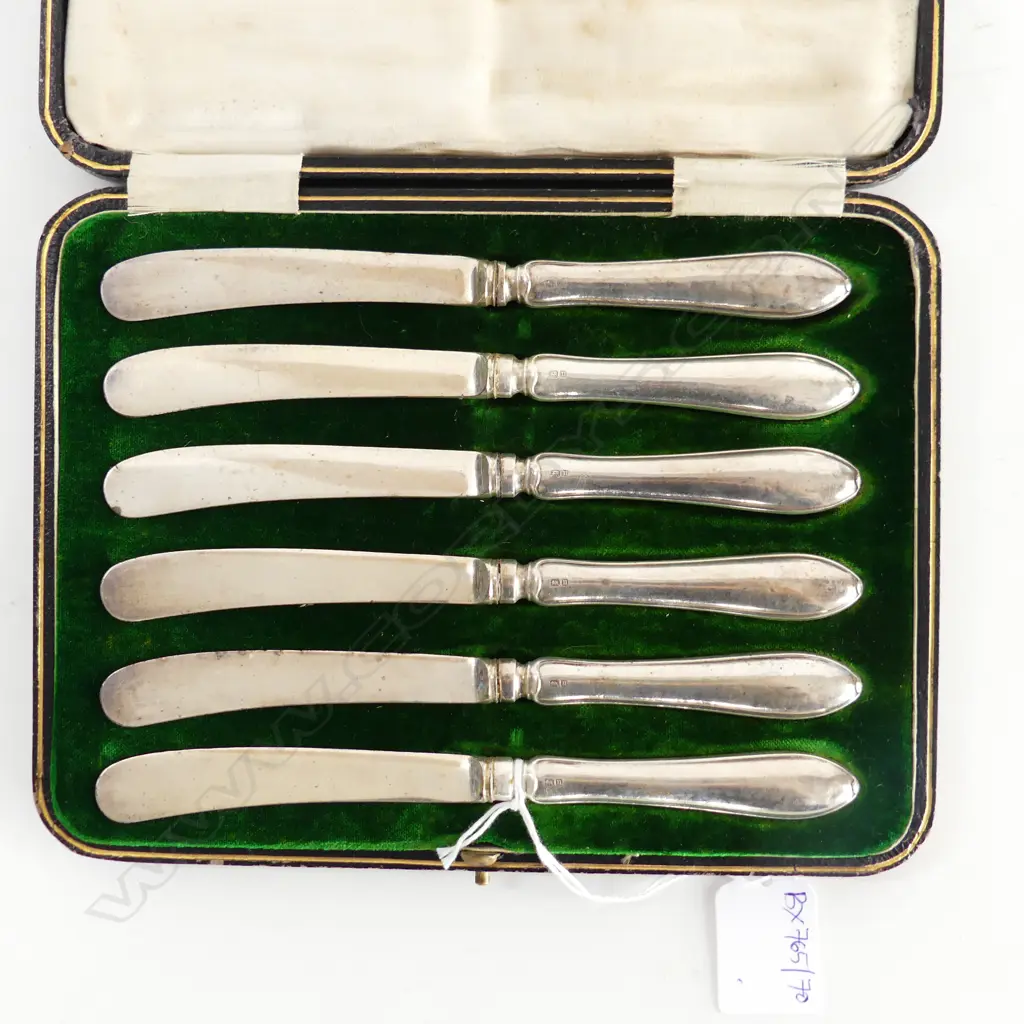 SET OF 6 STG SILVER HANDLED BUTTER KNIVES, SHEF. 1912, CASED Image 1++