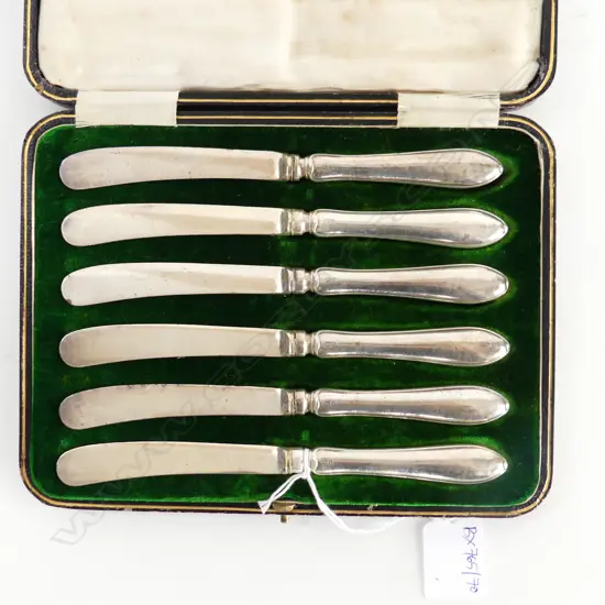 SET OF 6 STG SILVER HANDLED BUTTER KNIVES, SHEF. 1912, CASED