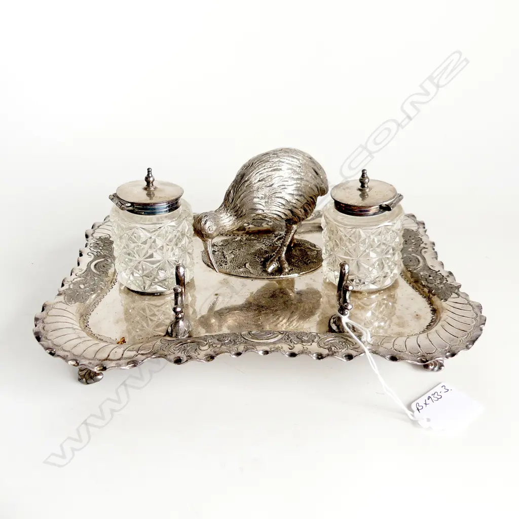 VICTORIAN SILVER PLATE KIWI INKWELL 2 BOTTLES W.230mm Image 1++