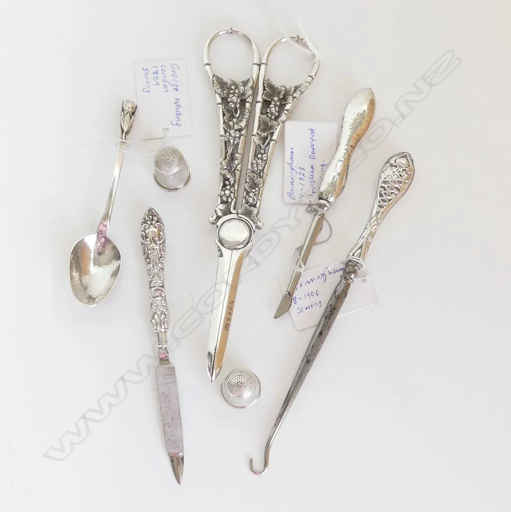 5 PCES STG SILVER & E .P SCISSORS; 3 TOOLS, TEASPOON, 2 THIMBLES+ EP Image 1++