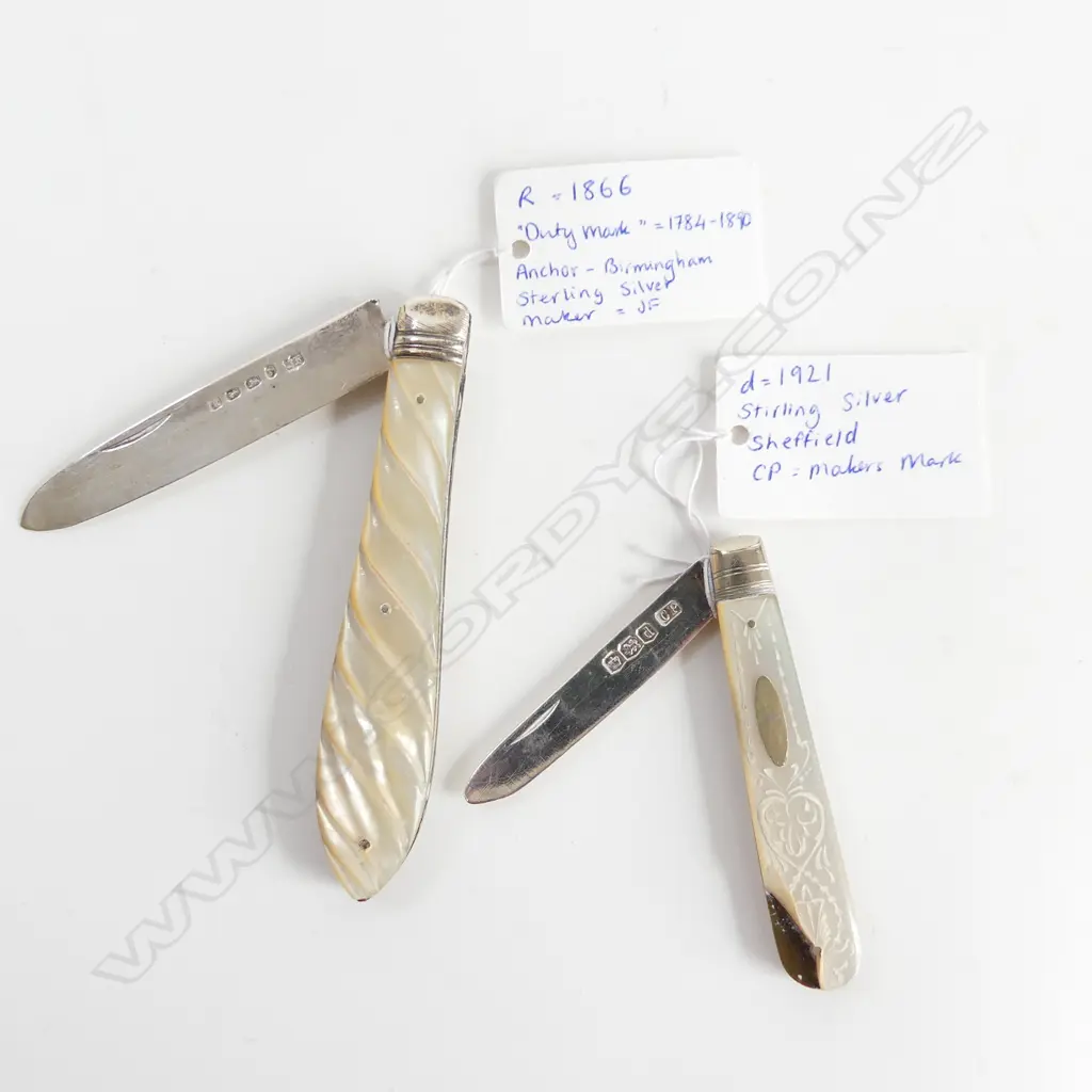 2 MoP STG SILVER FRUIT KNIVES; B'HAM 1866, SHEF. 1921 (CHIPPED) Image 1++
