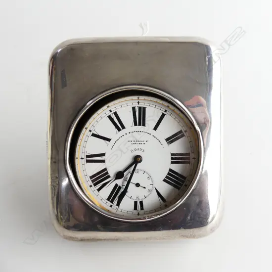 8 DAY 'GOLIATH' STATION MASTERS WATCH IN STERLING TRAVELLING CASE DATED LONDON 1912 . CASE 100X112mm