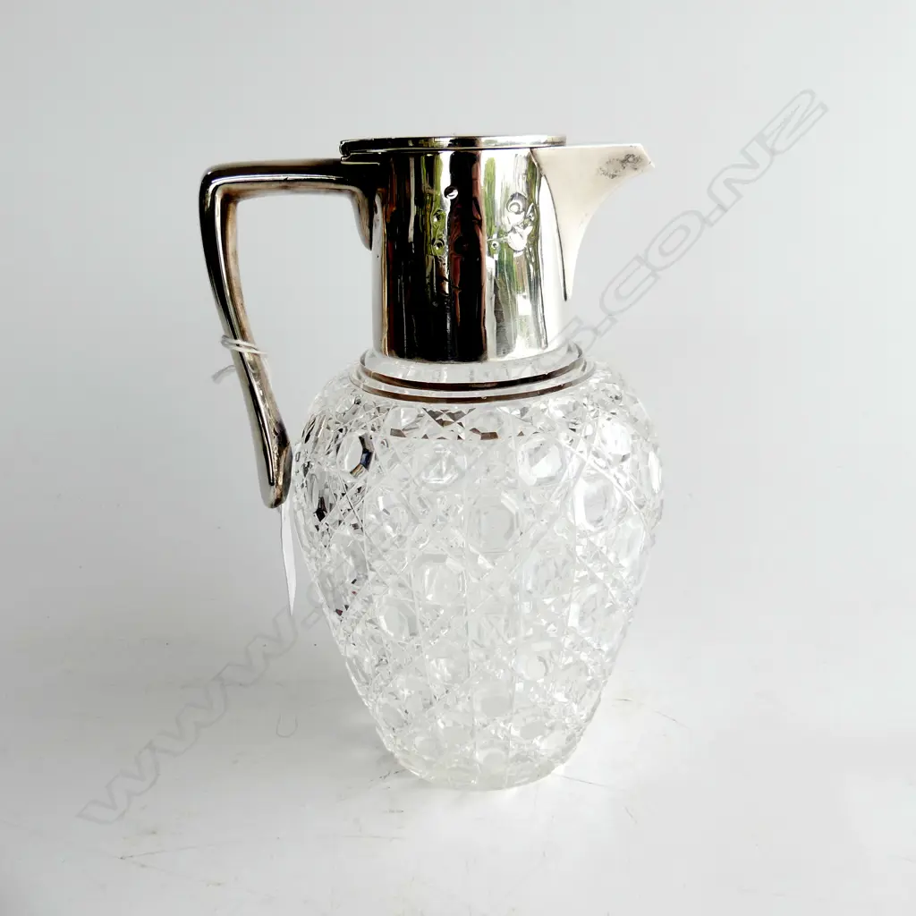 STERLING SILVER COLLARED CLARET JUG,  BASE CRYSTAL OCTAGON CUT,LONDON GOLD & SILVERSMITHS, 1973, SOME DENTS IN TOP Image 1++