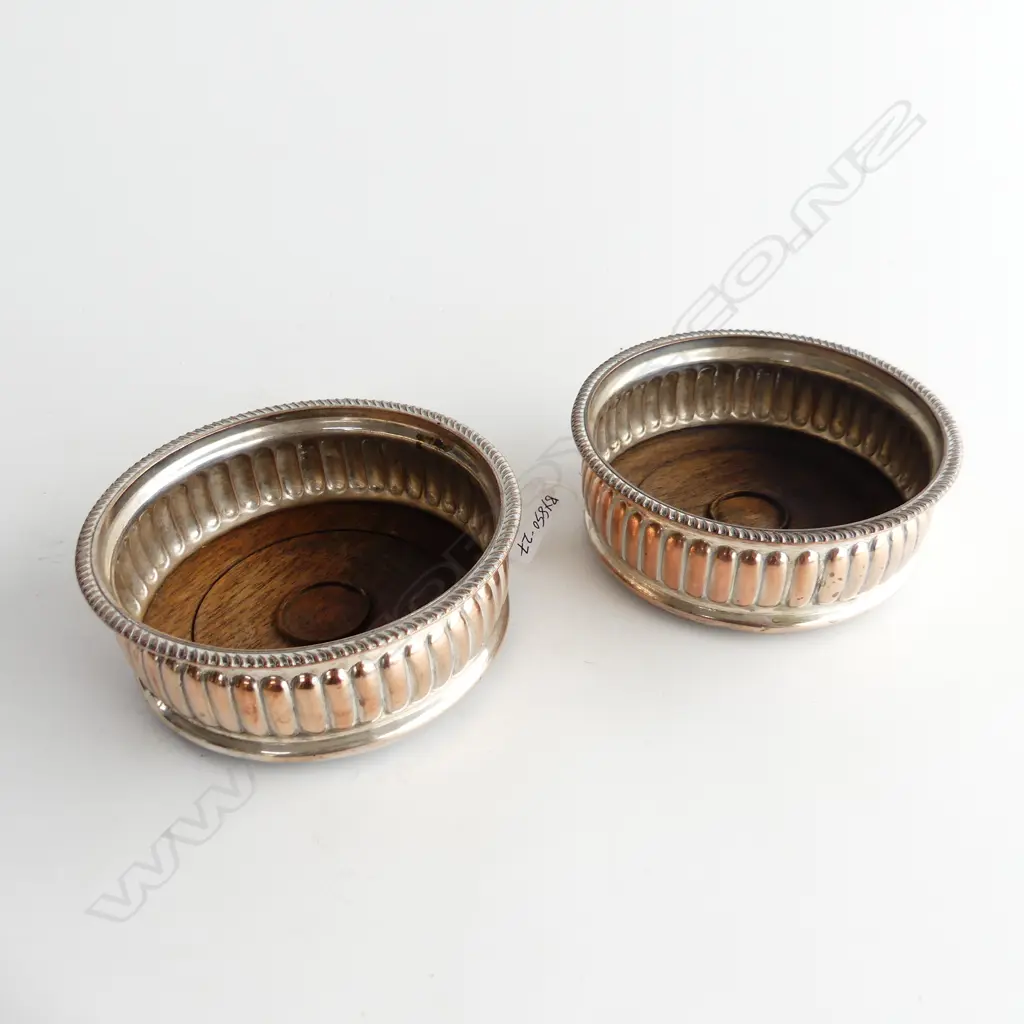 PAIR OF OLD WINE COASTERS, ROSEWOOD BASES WITH SILVER ON COPPER SURROUNDS, Dia.145mm Image 1++