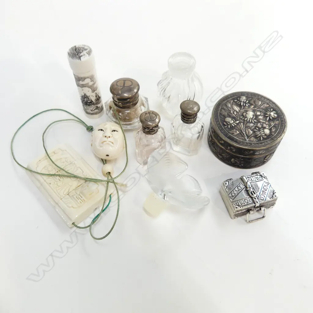 4 PERFUME BOTTLES (1 LALIQUE), IVORY HEAD, PENDANT & CONTAINER, 800 SILVER SUITCASE CHARM 23 GRAMS, SILVER BOX Image 1++