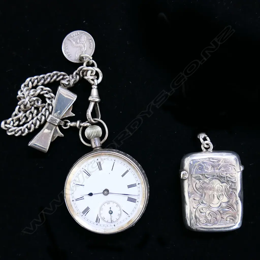 3 PCES SILVER; VESTA, FOB WATCH & CHAIN 83 GRAMS Image 1++