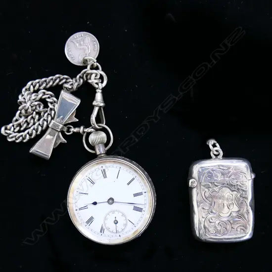 3 PCES SILVER; VESTA, FOB WATCH & CHAIN 83 GRAMS