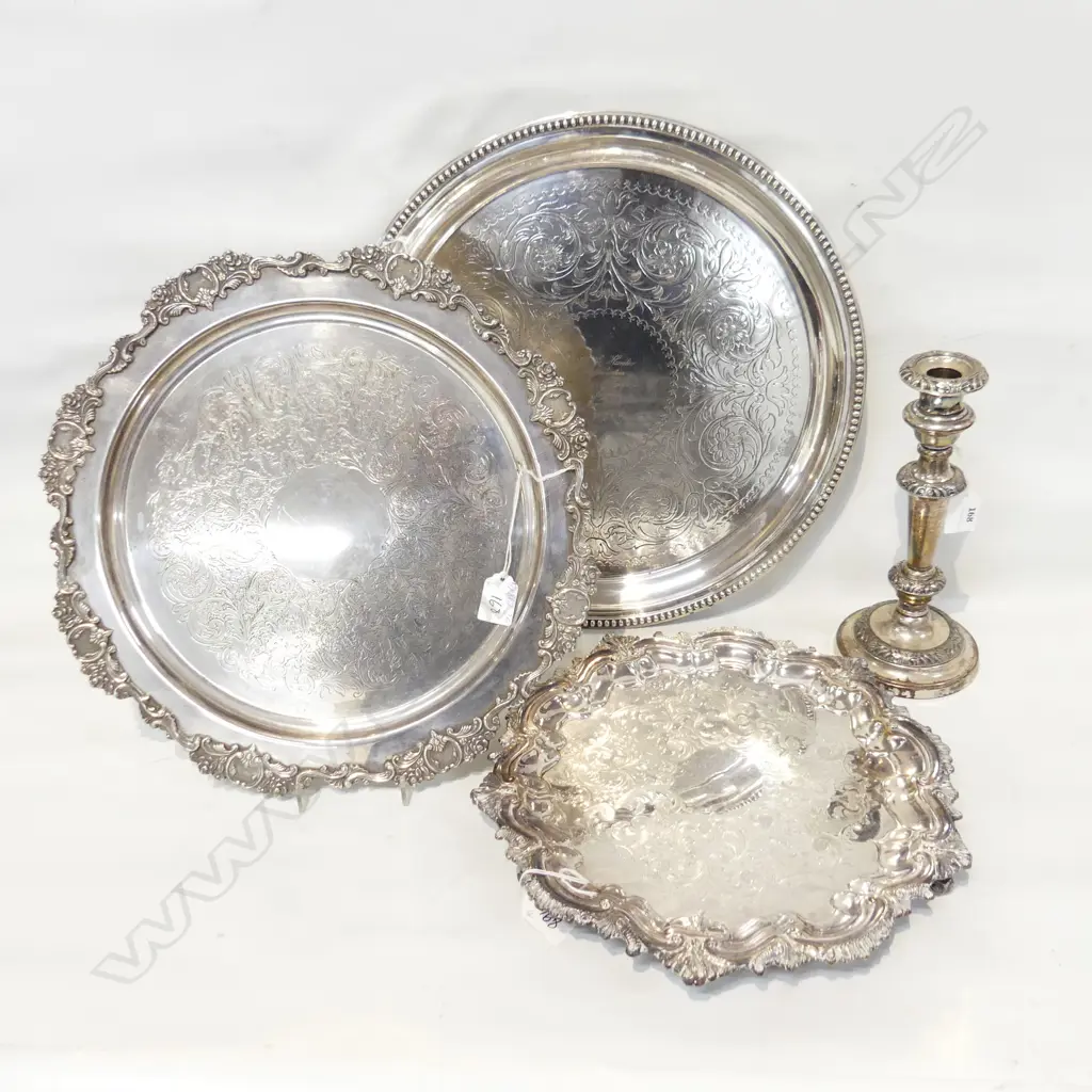 4 SILVER PLATE ITEMS. TRAY  DEDICATED RE AMERICAN LEGATION TO WELLINGTON 1946 Dia 410mm TWO SMALLER TRAYS & CANDLESTICK Image 1++