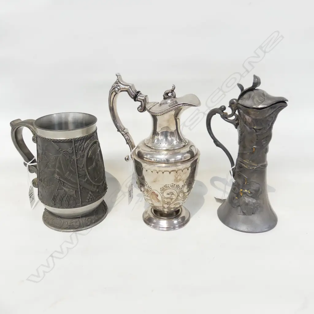 THREE ITEMS. PEWTER TANKARD NELSON THEMED. WMF EWER & SILVER PLATED EWER H. 230mm Image 1++