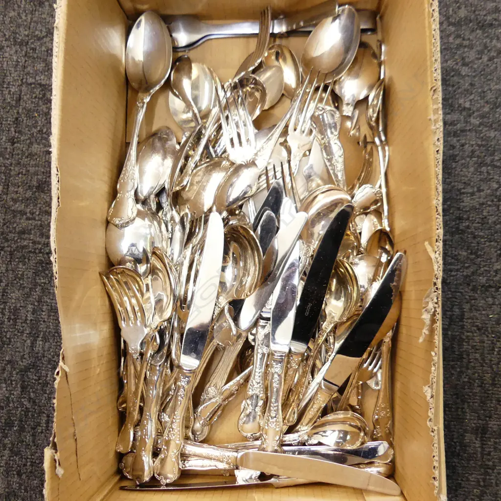 BIG BOX LOT ASST SILVER PLATE CUTLERY, MOSTLY RODD Image 1++
