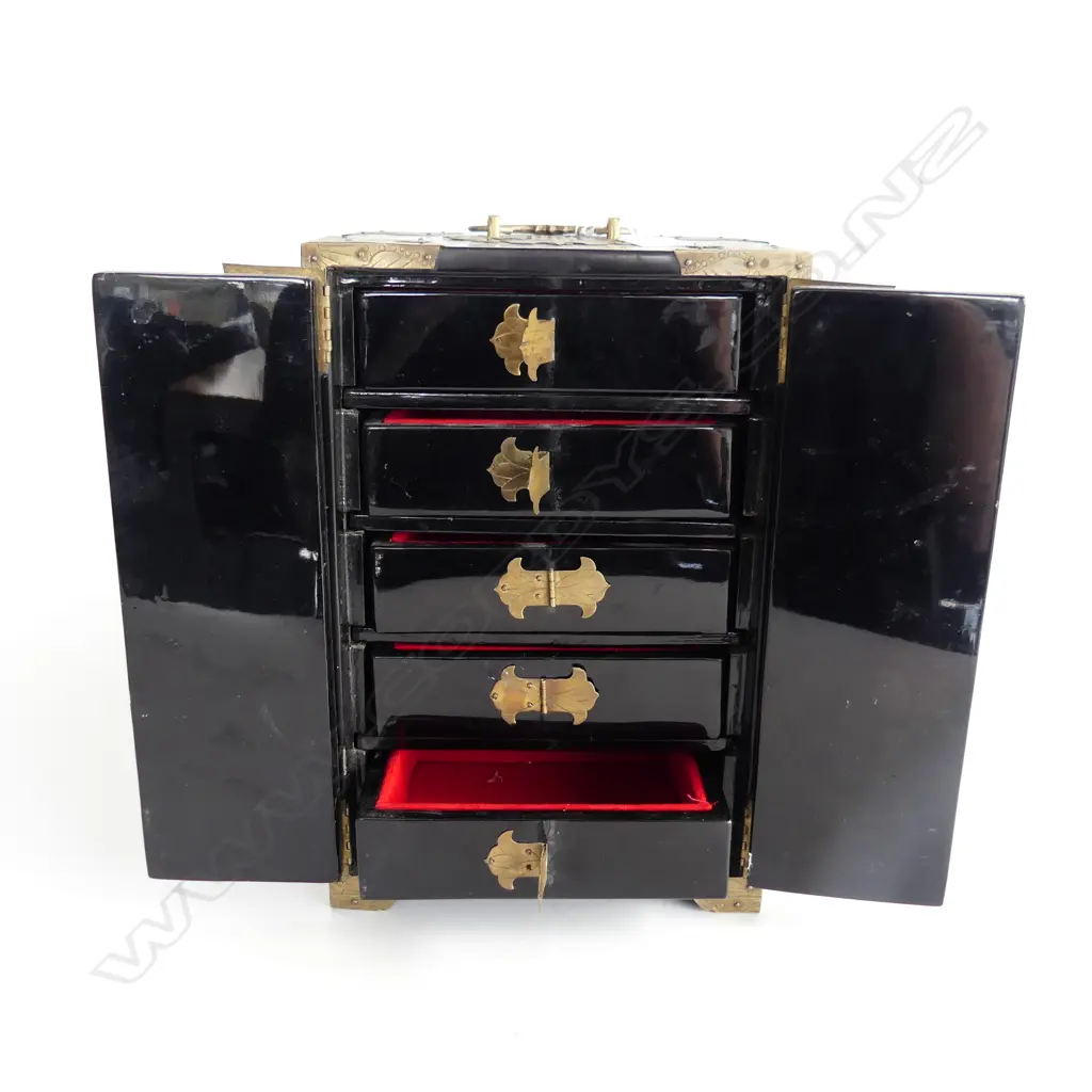 CHINESE LAQUER JEWELLERY BOX WITH MOP INLAY DECORATION 200 X 150 X 300mm Image 1++
