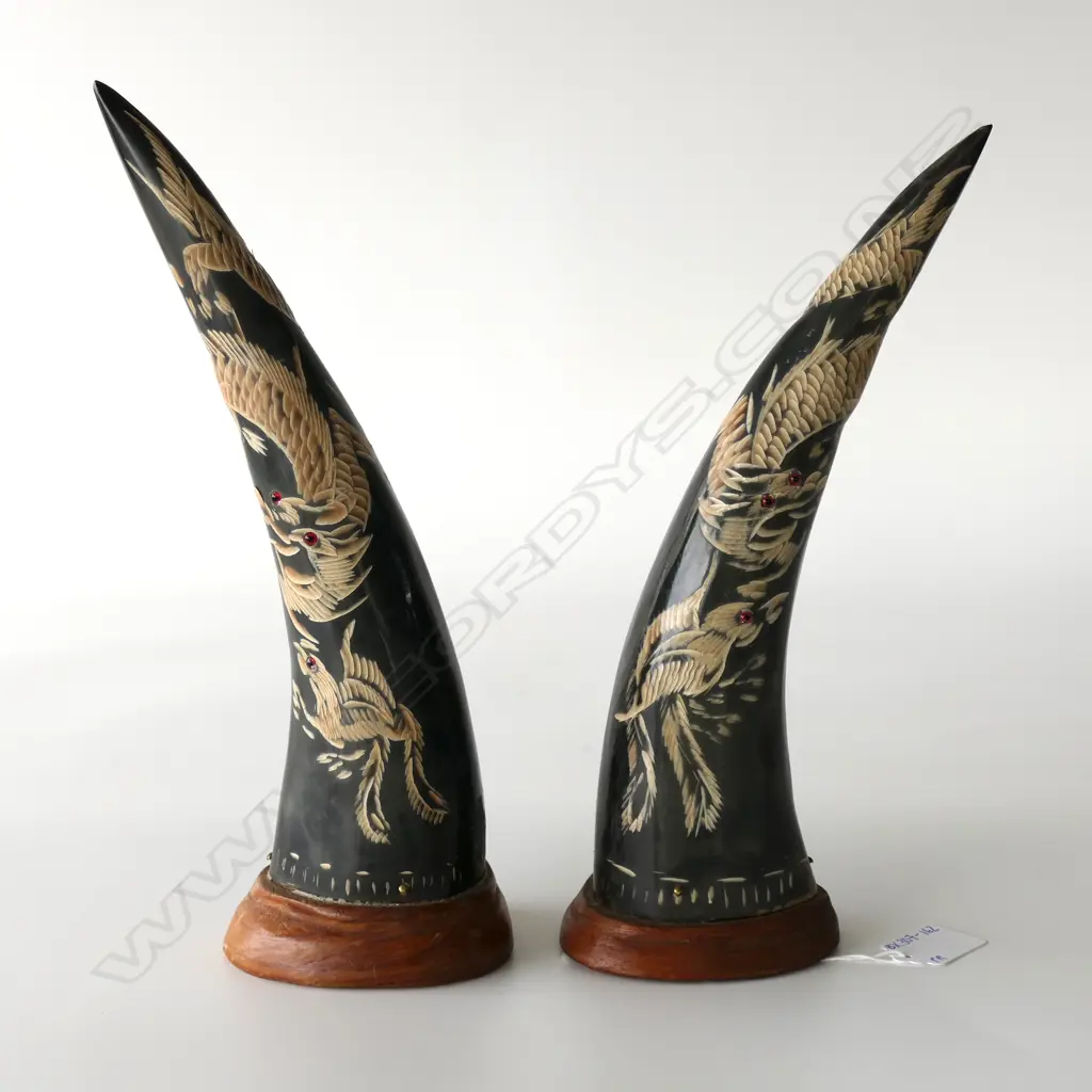 PAIR OF CARVED WATER BUFFALO HORNS WITH DRAGONS AND BIRDS.H 30CM. Image 1++