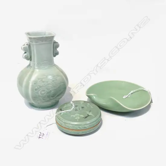 CHINESE CELADON VASE ON STAND H210 LIDDED BOWL DIA 90MM & SMALL DISH DIA 160MM