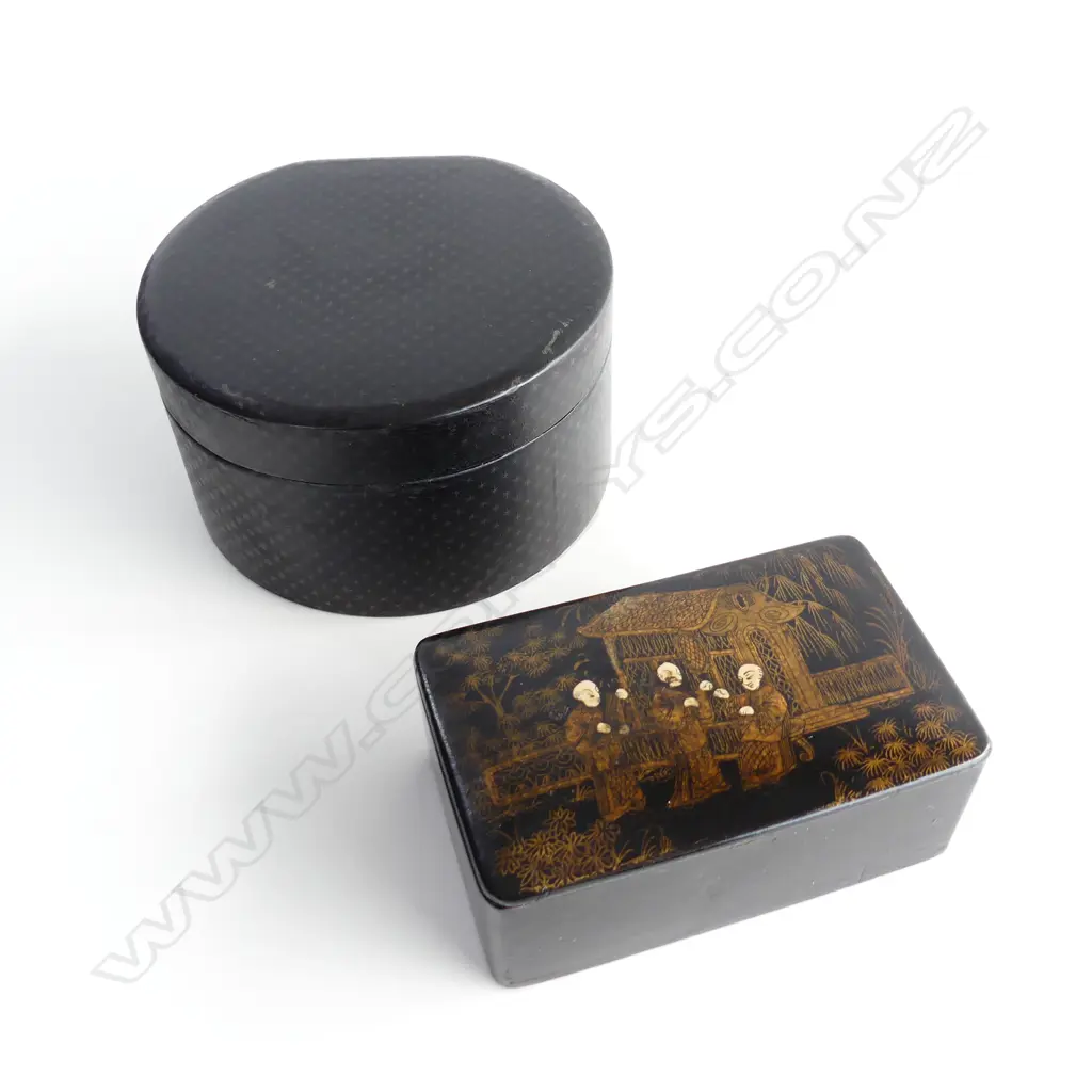 TWO PAPIER MACHE BOXES , L 12CM W 7.5 OTHER ONE 14CM DIAM. Image 1++