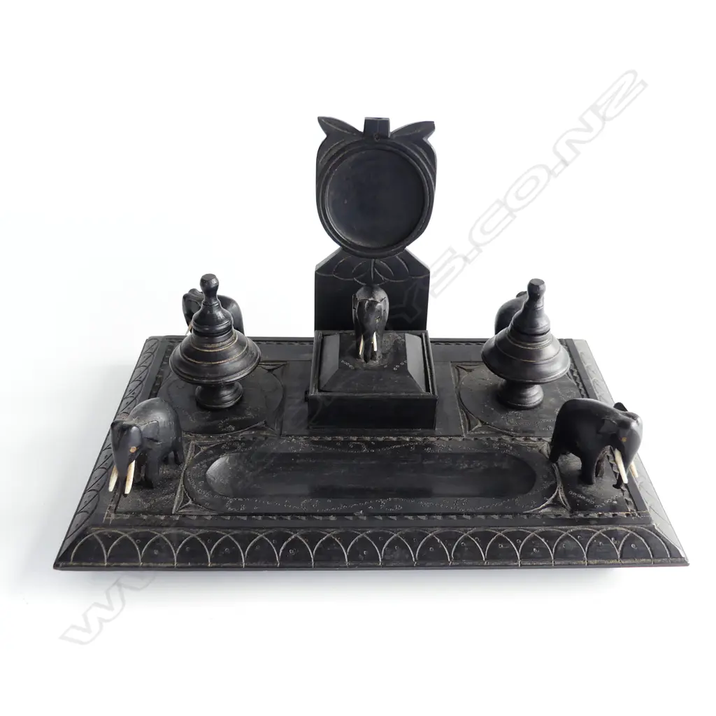 EBONY DESK STANDISH WITH 2 LIDDED INKWELLS, LIDDED CENTRE BOX AND 5 TUSKED ELEPHANTS Image 1++
