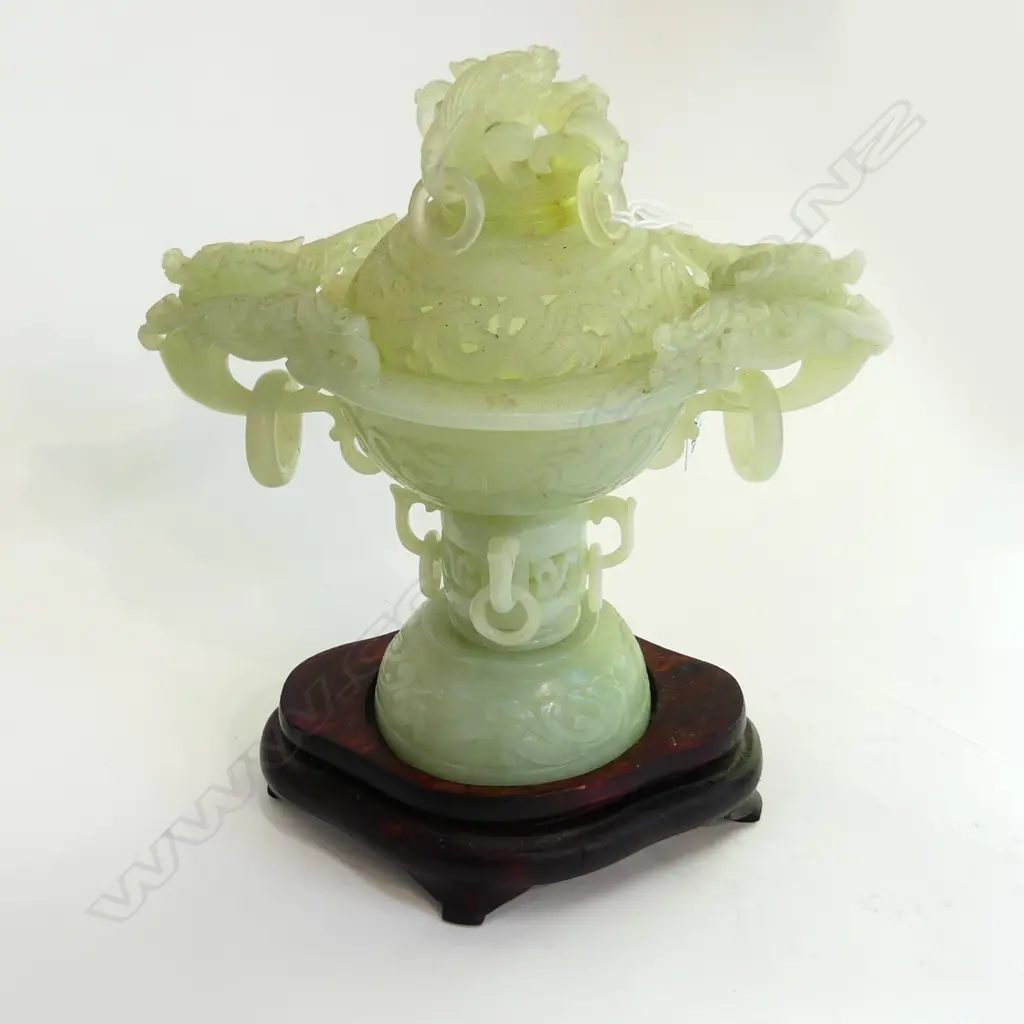 ORIENTAL 3 PCE CHRYSOPRASE CONTAINER w. CAPTURED HANDLES ON STAND H.200mm Image 1++