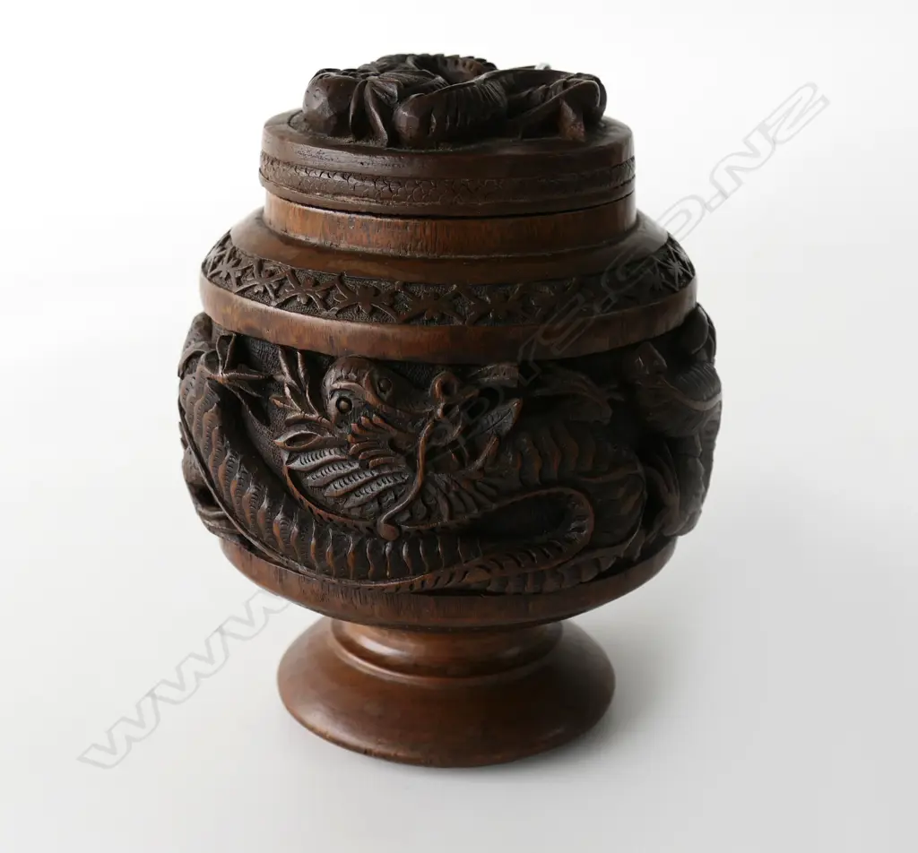 CARVED DRAGON BOX AND COVER HARDWOOD H 17.5CM, W 14CM Image 1++