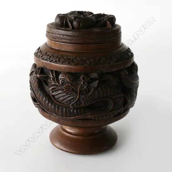 CARVED DRAGON BOX AND COVER HARDWOOD H 17.5CM, W 14CM