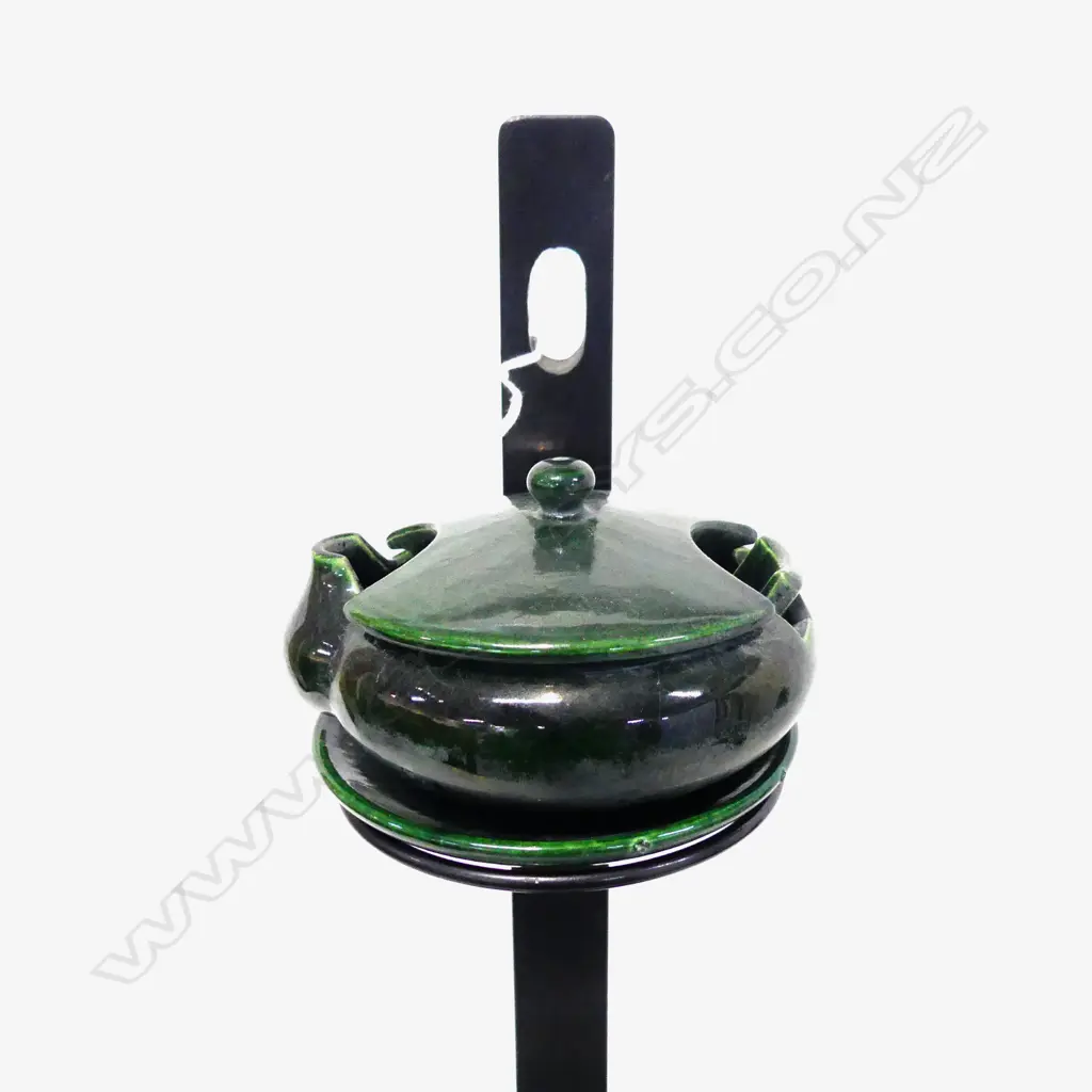 OLD RAKU KILN JAPANESE GREEN CERAMIC OIL LAMP (STORED INSIDE BASE PART) ON WALL TYPE STAND . H.536.mm Image 1++