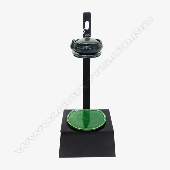 OLD RAKU KILN JAPANESE GREEN CERAMIC OIL LAMP (STORED INSIDE BASE PART) ON WALL TYPE STAND . H.536.mm
