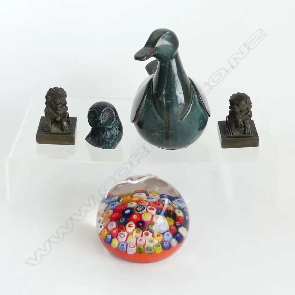 5 PCES; SIGNED BIRD, BRONZE OWL H.40mm, MILLEFIORI PAPERWEIGHT 75mm dia, PR BRONZE LION SEALS Image 1++