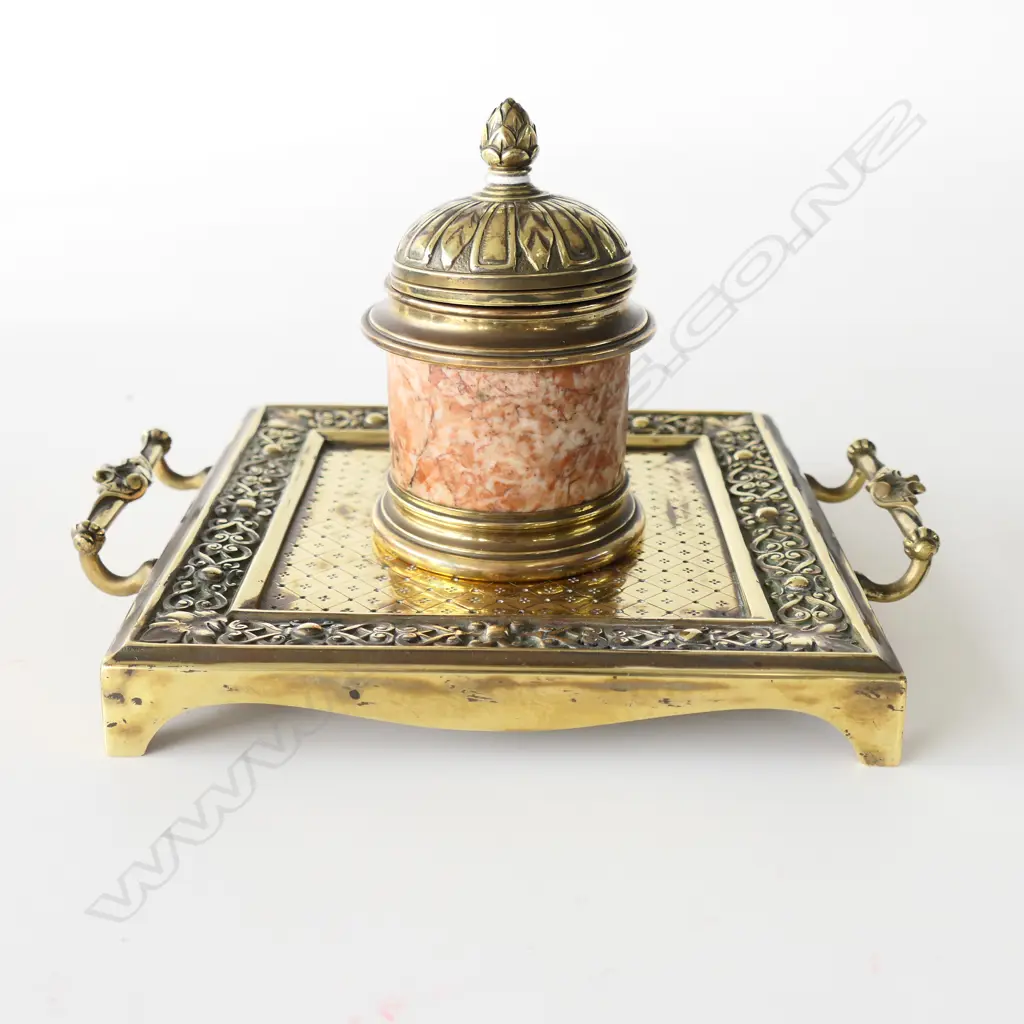 LARGE BRASS DESKTOP INKWELL STAND Image 1++