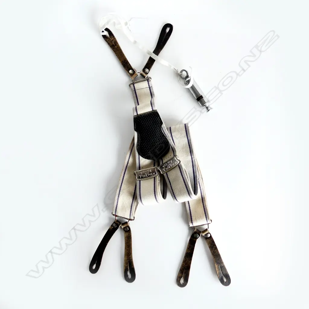 ANTIQUE POLICE AND FIRE UNIFORM SUSPENDERS &  POLICE WHISTLE Image 1++
