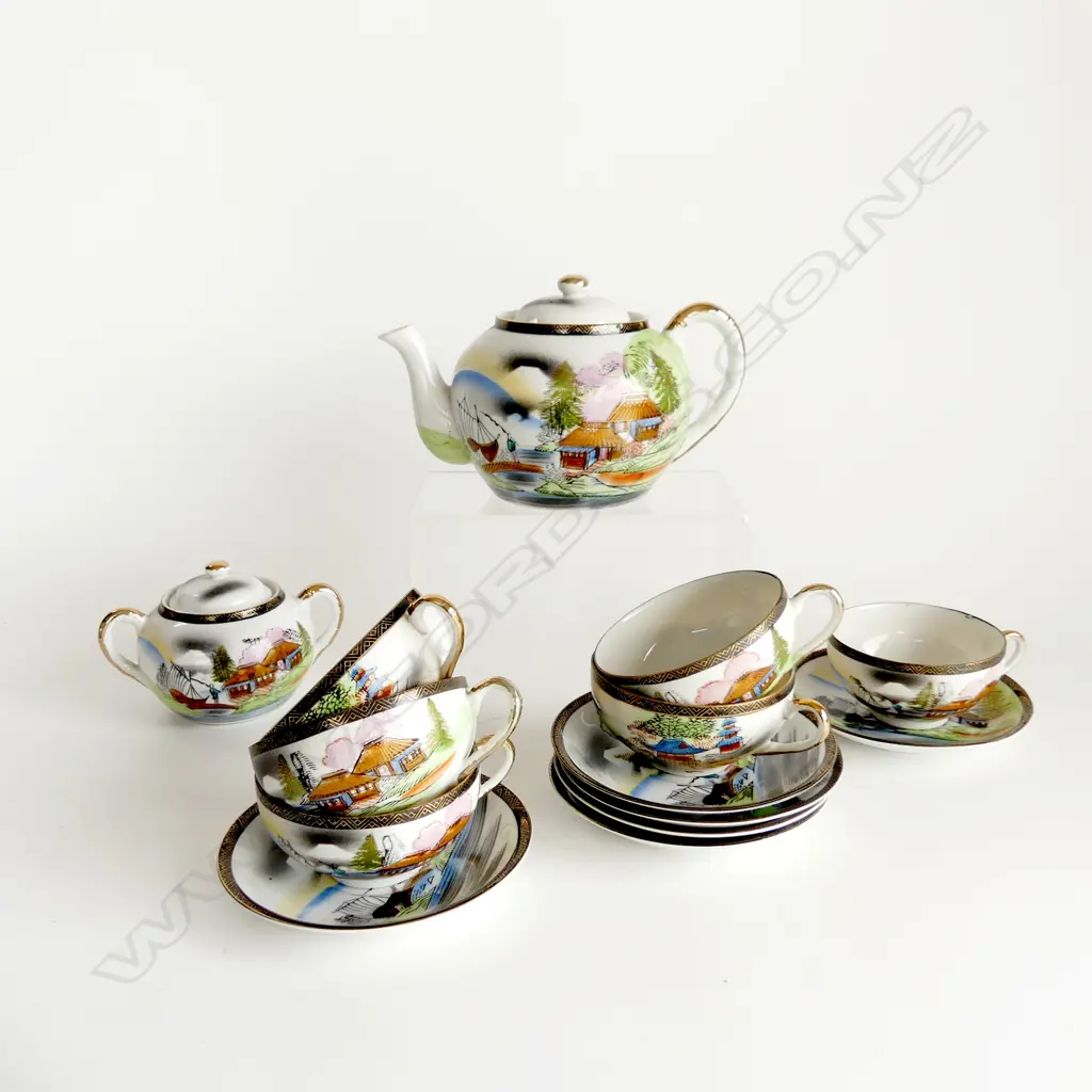 JAPANESE TEA SET WITH GEISHA FACE IMPRESSION TO CUPS – TEAPOT, 6 CUPS & SAUCERS, LIDDED SUGAR BOWL, & MILK JUG Image 1++