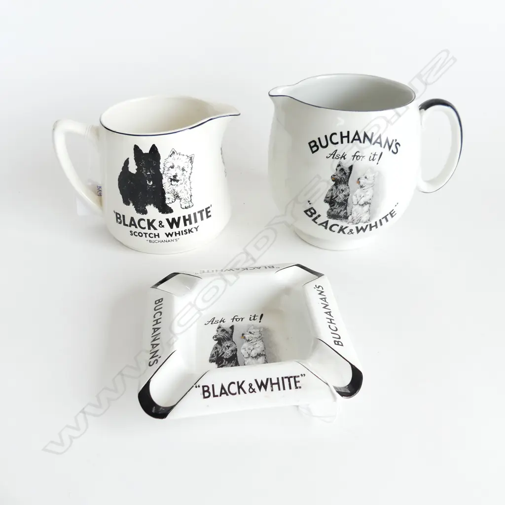 TWO BLACK AND WHITE WHISKEY JUGS & 1 ASHTRAY Image 1++
