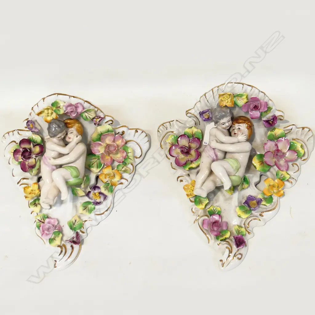PAIR OF ANTIQUE ORNATE PORCELAIN SHELVES H200MM AF Image 1++