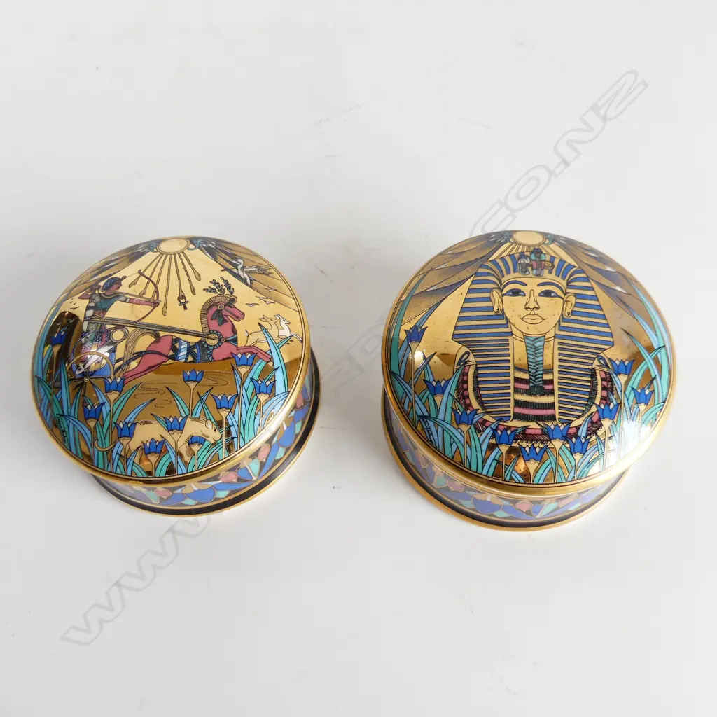 PAIR OF EGYPTIAN TUTANKHAMUN PORCELAIN TRINKET BOXES D. 80mm Image 1++