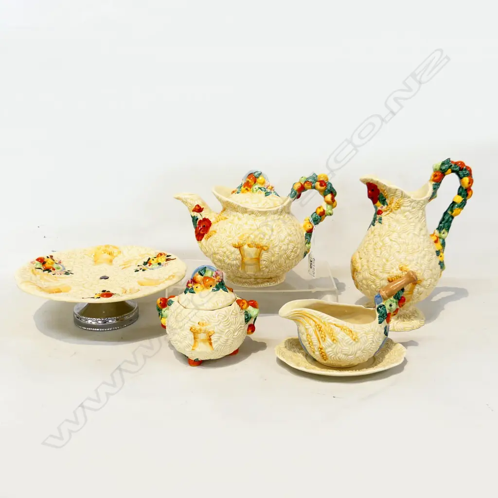 5 PCES CLARICE CLIFF CELTIC HARVEST; TEAPOT, TALL JUG, LIDDED SUGAR, MILK JUG & SAUCER, COMPORT 220mm dia Image 1++
