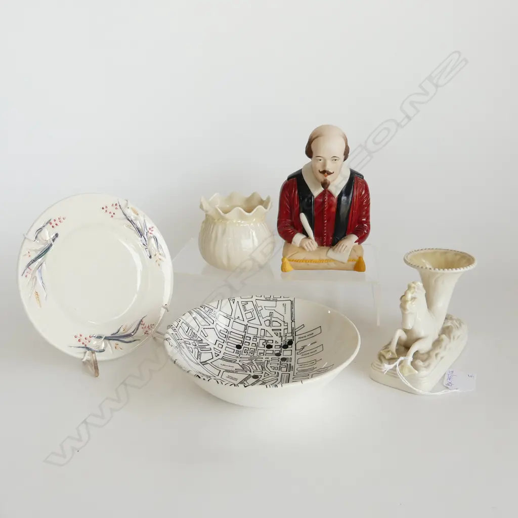 3 PCES BELLEEK, GOSS SHAKESPEARE BUST H.150mm, CROWN LYNN AUCKLAND MAP CEREAL BOWL 160mm dia Image 1++