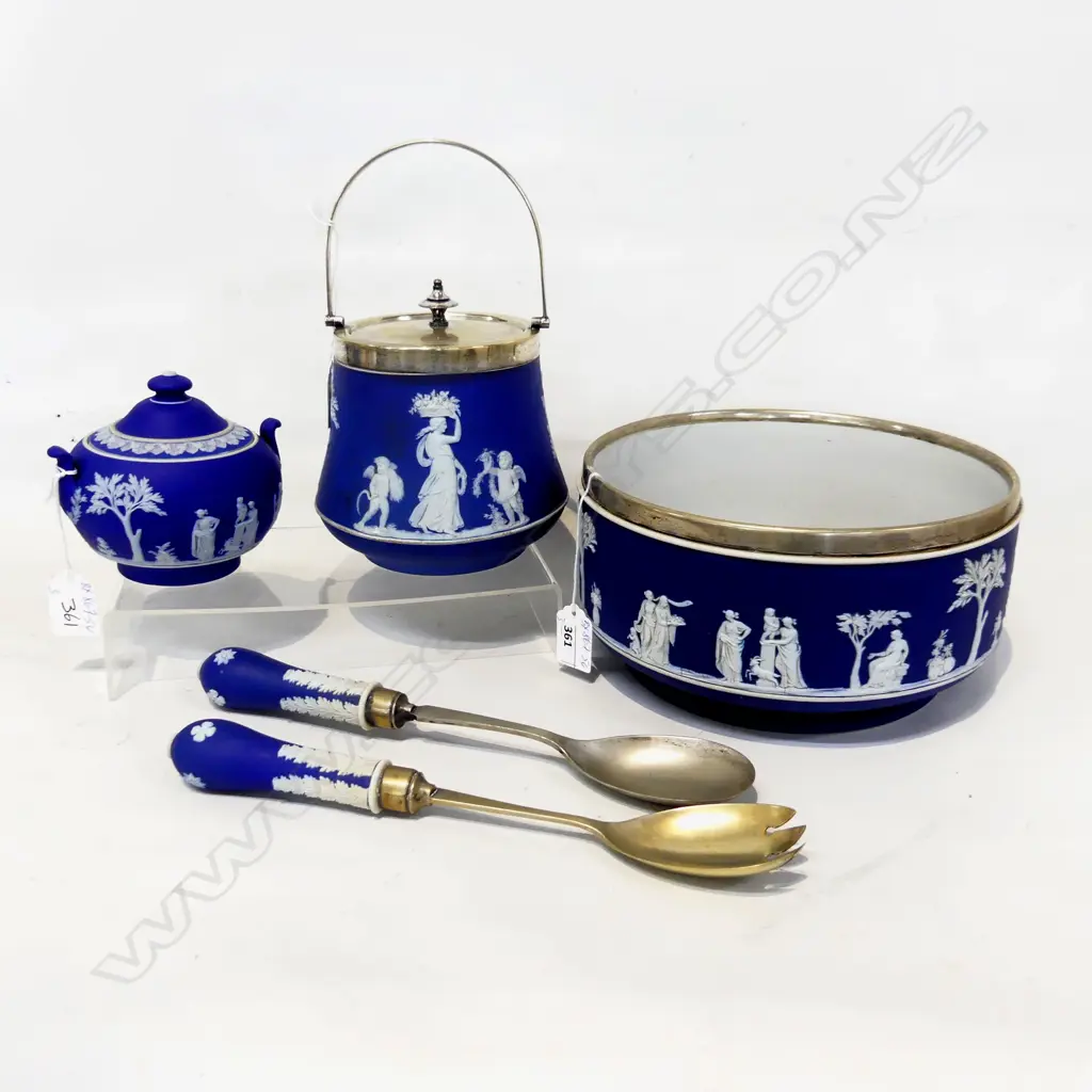 THREE ITEMS WEDGEWOOD JASPERWARE. SALAD BOWL AND SERVERS BARREL AND SUGAR BOWL. Image 1++