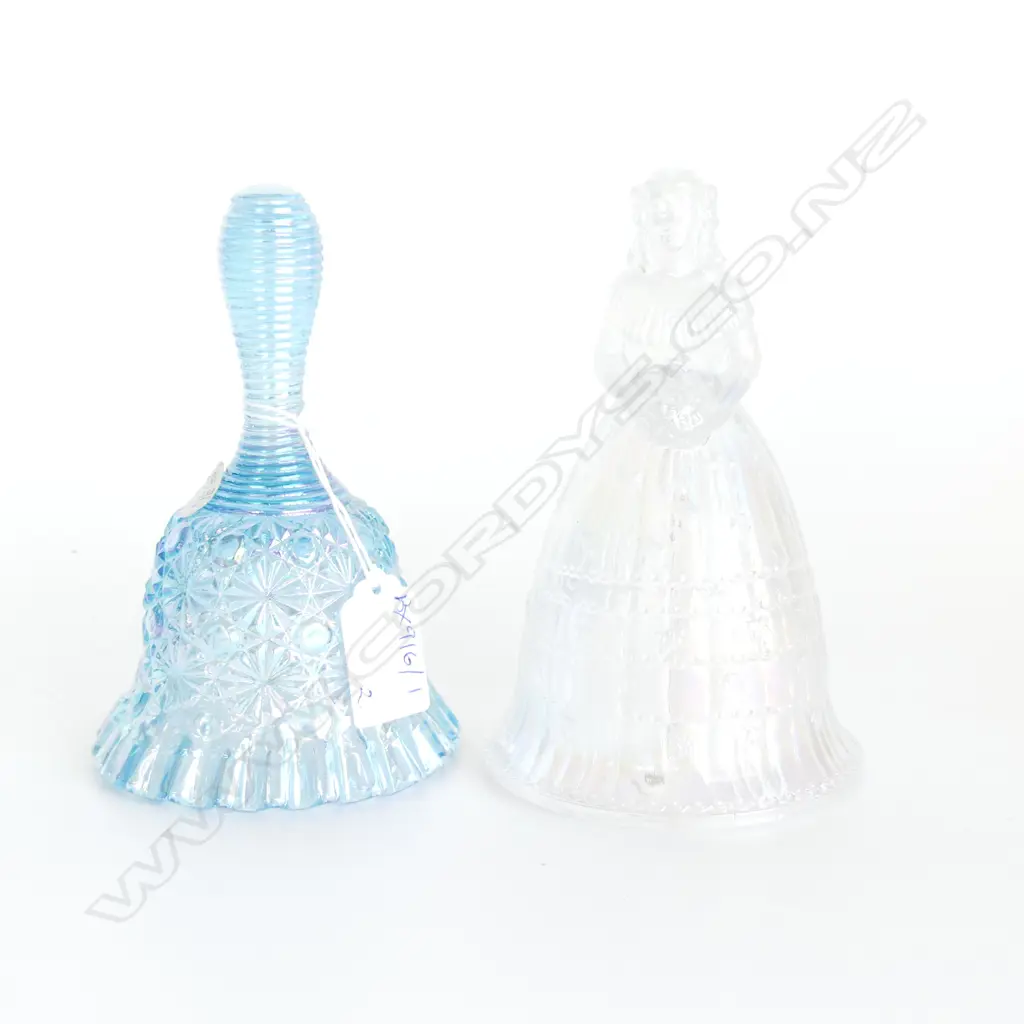 2 PRESSED GLASS BELLS; FENTON & COLONIAL LADY H.145mm Image 1++