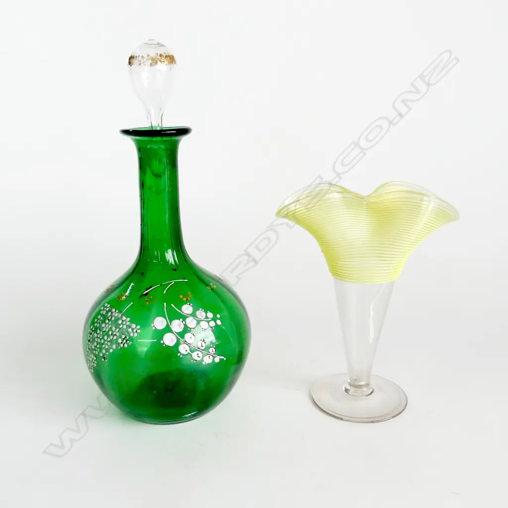 VICTORIAN CITRINE GLASS EPERGNE VASE AND GREEN HAND BLOWN GLASS DECANTER Image 1++