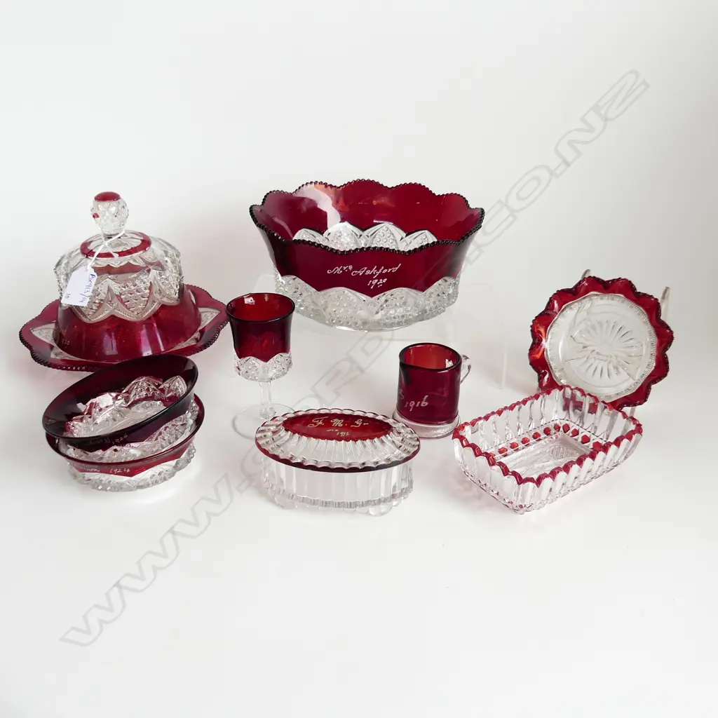 10 PCES ASST. RED EXHIBITION GLASS; LG BOWL 215mm dia ETC Image 1++