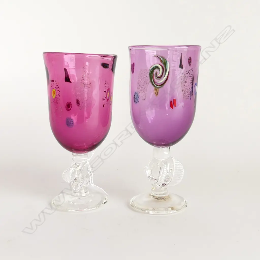 2 TALL PETER VIESNIK ART GLASSES STEMMED GOBLETS w milifiori murines Image 1++