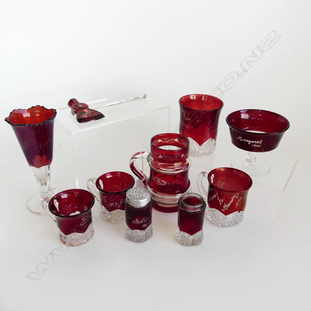 10 PCES ASST. RED EXHIBITION GLASS; AXE H.160mm, CRYSTAL PALACE MUG H.115mm Image 1++
