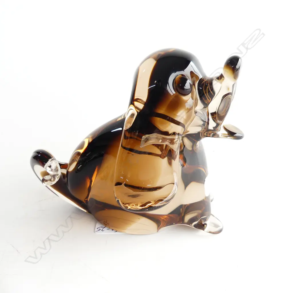 HEAVY SMOKEY GLASS MURANO DOG (DASCHUND?), ORIGINAL LABEL, 160 x 140mm Image 1++