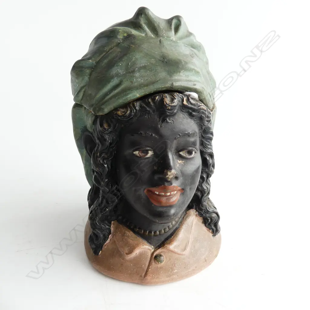 ANTIQUE POTTERY TOBACCO JAR WOMAN BUST FORM lid restored Image 1++
